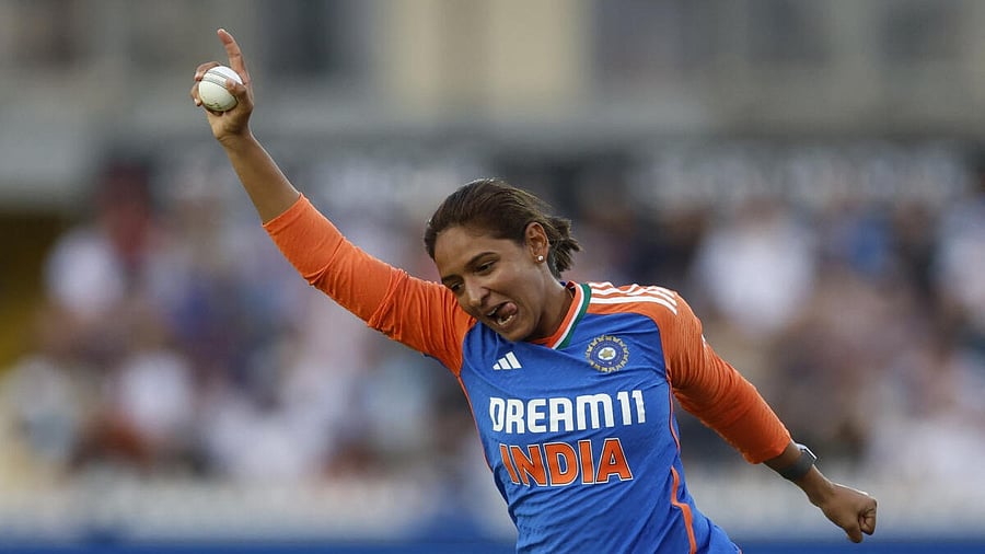 <div class="paragraphs"><p>Harmanpreet Kaur celebrates after taking a catch to dismiss England's Nat Sciver-Brunt off the bowling of Amanjot Kaur.</p></div>