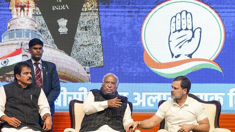 <div class="paragraphs"><p>Congress leaders K C VENUGOPAL, Mallikarjun Kharge and Rahul Gandhi.&nbsp;&nbsp;</p></div>