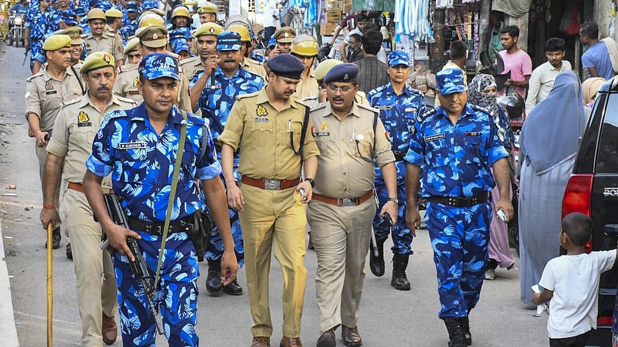 <div class="paragraphs"><p>Security personnel take out a flag march on the route which will be used by 'kanwariyas' ahead of the annual Kanwar Yatra, in Meerut, Thursday, July 3, 2025.</p></div>