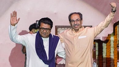 <div class="paragraphs"><p>Maharashtra Navnirman Sena (MNS) chief Raj Thackeray, left, and Shiv Sena (UBT) chief Uddhav Thackeray during a joint victory rally.</p></div>