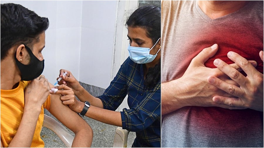 <div class="paragraphs"><p>A young person gets a Covid vaccine in Karnataka(L), Representative image of a heart attack.&nbsp;</p></div>