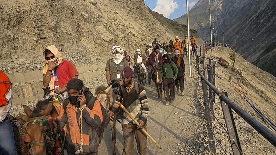 <div class="paragraphs"><p>Pilgrims during the annual pilgrimage to the holy cave shrine of Amarnath, in Anantnag district, Jammu &amp; Kashmir.</p></div>