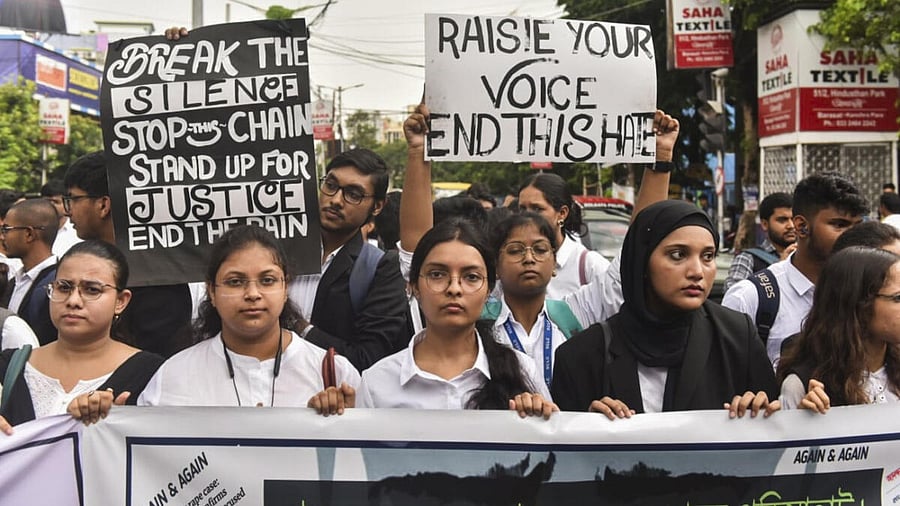<div class="paragraphs"><p>Law students take part in a protest rally against the alleged rape of a student at a law college, in Kolkata, Tuesday, July 1, 2025. </p></div>
