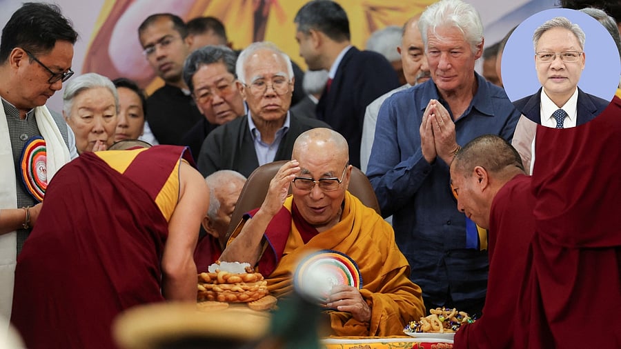 <div class="paragraphs"><p>Tibetan spiritual leader, the 14th Dalai Lama, is served food on his 90th birthday celebration at the Tsuglagkhang, also known as the Dalai Lama Temple complex, in the northern town of Dharamshala, India, July 6, 2025. (Inset:&nbsp;Xu Feihong, China's envoy to New Delhi)</p></div>
