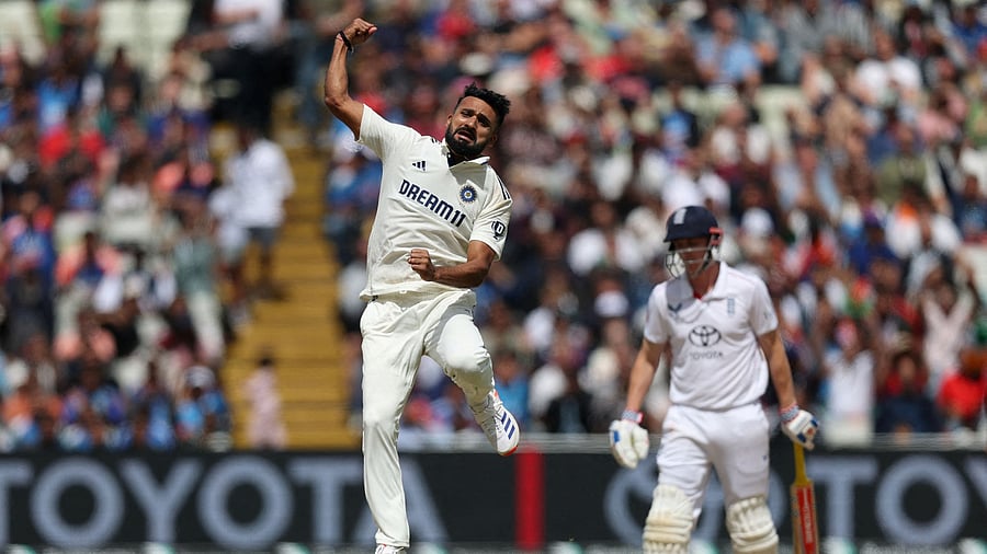 <div class="paragraphs"><p>Akash Deep celebrates after taking the wicket of England's Ollie Pope </p></div>