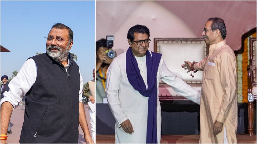 <div class="paragraphs"><p>BJP MP Nishikant Dubey(L), Uddhav and Raj Thackeray.</p></div>