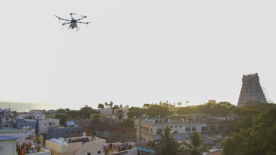 <div class="paragraphs"><p>A drone being used for surveillance amid heightened security for Kumbabishekam ceremony of Tiruchendur Murugan Temple.&nbsp;</p></div>