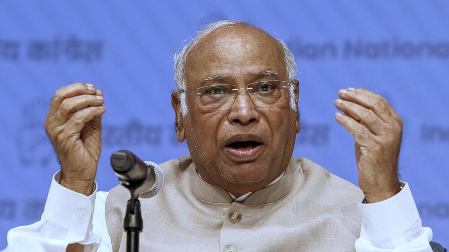 <div class="paragraphs"><p>Congress President Mallikarjun Kharge addresses a press conference, in New Delhi.</p></div>