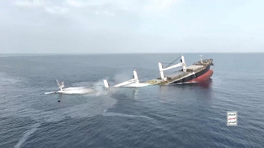 <div class="paragraphs"><p>FILE PHOTO: A vessel said to be Greek-operated, Liberia-flagged Eternity C sinks in a footage released by Yemen's Houthis, in the Red Sea, in this screen grab taken from a handout video released on July 9, 2025.</p></div>