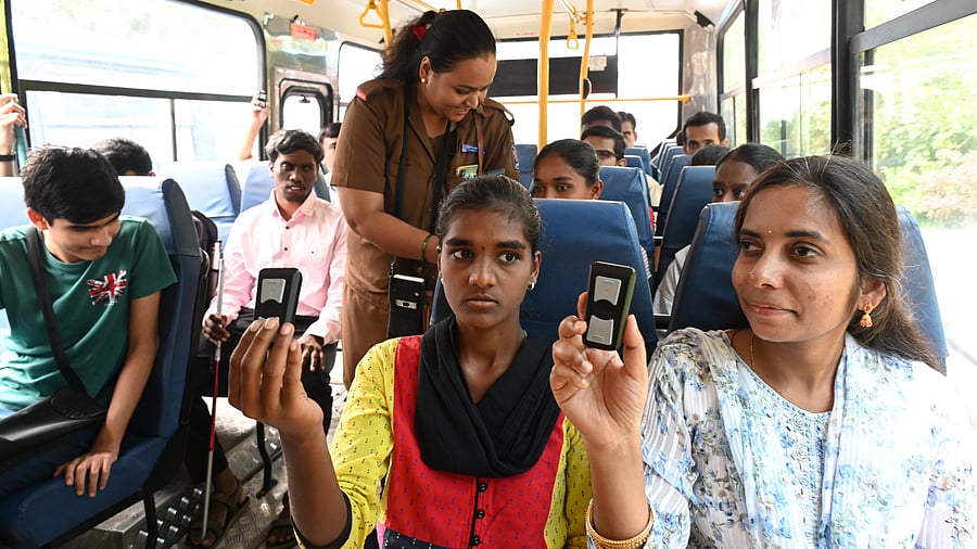 <div class="paragraphs"><p>Visually impaired commuters board a BMTC bus, in which the ‘OnBoard’ Assistive Technology' device has been installed, on Saturday.</p></div>