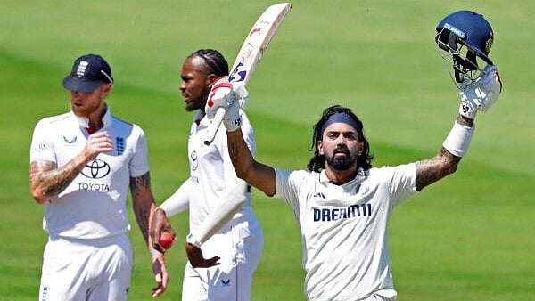 <div class="paragraphs"><p>India's KL Rahul celebrates after completing his century.</p></div>