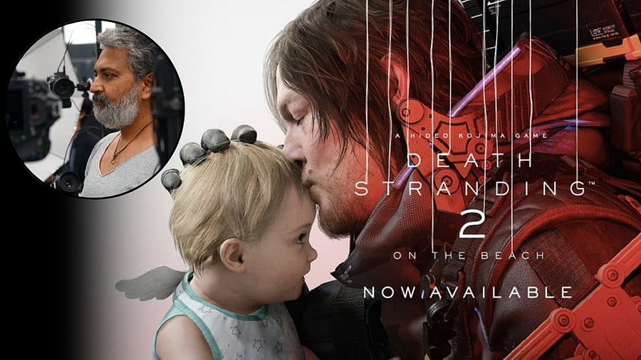 <div class="paragraphs"><p>S S Rajamoili and a poster of Death Stranding 2.</p></div>