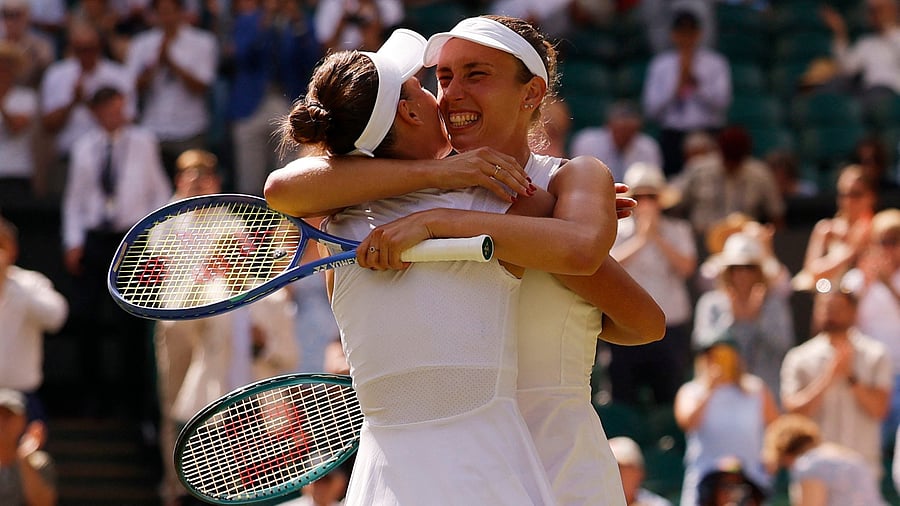<div class="paragraphs"><p> Russia's Veronika Kudermetova and Belgium's Elise Mertens celebrate after winning their women's doubles final against Latvia's Jelena Ostapenko and Taiwan's Hsieh Su-wei </p></div>