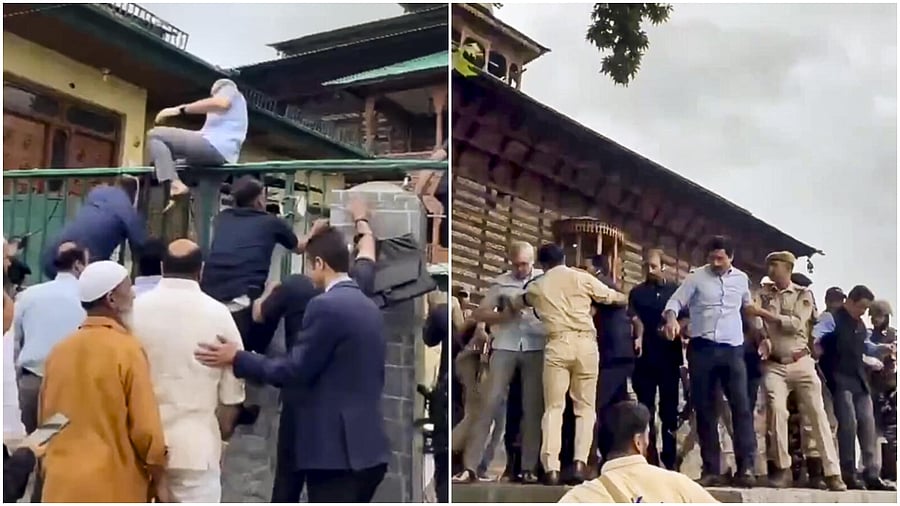 <div class="paragraphs"><p>J&amp;K CM  Omar Abdullah climbs a fence to pay tribute to July 13 martyrs at Naqshband Sahib graveyard(R), Abdullah and others being stopped by police personnel.</p></div>