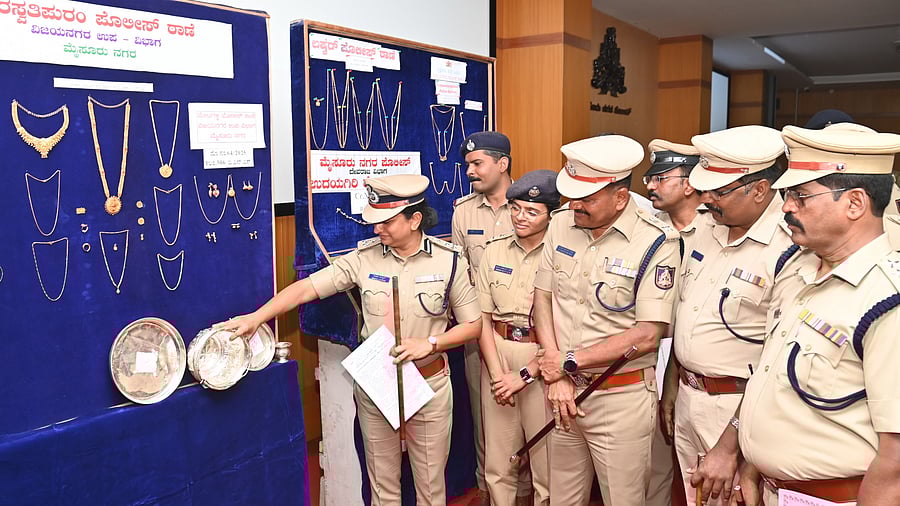 <div class="paragraphs"><p>Police Commissioner Seema Latkar, along with DCPs K S Sundar Raj and Bindu Rani, during the property parade at her office in Mysuru, on Monday.</p></div>
