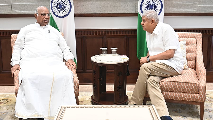 <div class="paragraphs"><p>Congress chief Mallikarjun Kharge (left) meets Rajya Sabha Chairman Jagdeep Dhankhar ahead of the monsoon session of the Parliament.&nbsp;&nbsp;</p></div>