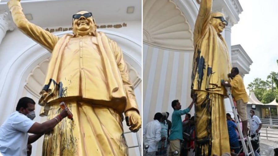 <div class="paragraphs"><p>Visuals of Karunanidhi statue being splashed with paint</p></div>