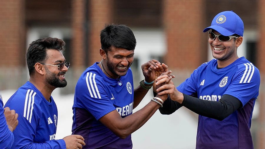 <div class="paragraphs"><p>(From left) Rishabh Pant, Sai Sudharsan and Shubman Gill share a light moment during a training session in Beckenham on Thursday. </p></div>