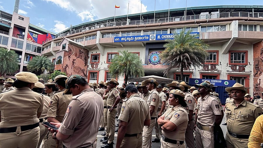 <div class="paragraphs"><p>Several police personal seen at M Chinnaswamy Stadium in Bengaluru on Thursday, where 11 people died in a tragic stampede as thousands of fans had thronged to take part in the celebrations of RCB's win in the Indian Premier League.</p></div>