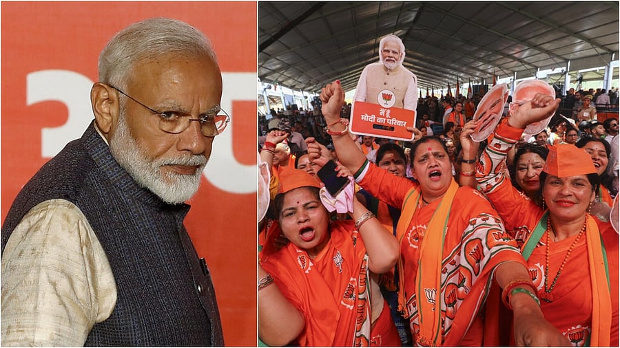<div class="paragraphs"><p>PM Narendra Modi(L),&nbsp;JP supporters during a public meeting</p></div>
