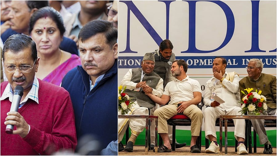 <div class="paragraphs"><p>Arvind Kejriwal with Sanjay SIngh(L), I.N.D.I.A bloc leaders</p></div>