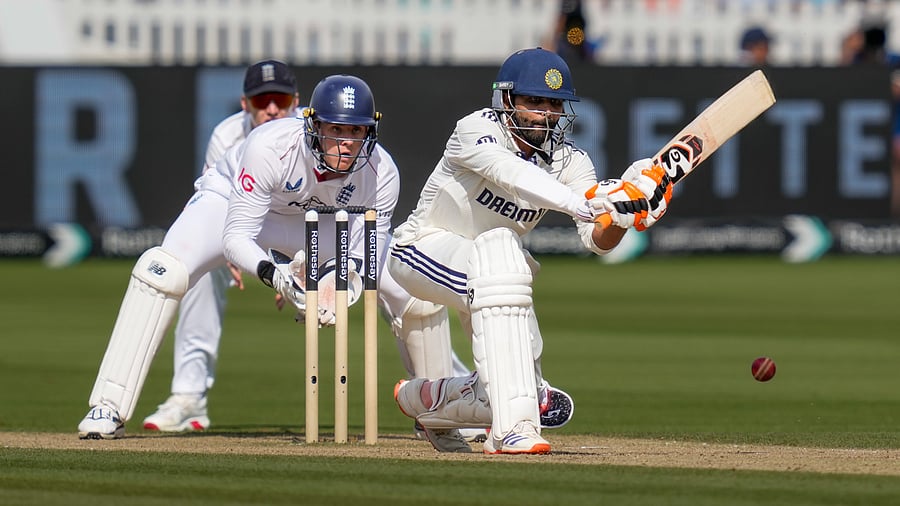 <div class="paragraphs"><p>India's Ravindra Jadeja plays a shot during the fifth day of the third test cricket match between India and England, at the Lord's Cricket Ground, in London, Monday July 14, 2025.</p></div>