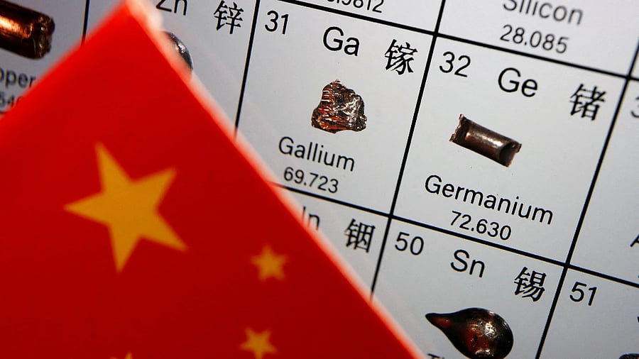 <div class="paragraphs"><p>The flag of China is placed next to the elements of gallium and germanium on a periodic table, in this illustration picture taken on July 6, 2023. </p></div>