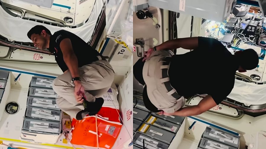 <div class="paragraphs"><p>In the video Shukla can be seen 'floating' and practicing staying absolutely still in microgravity.</p></div>