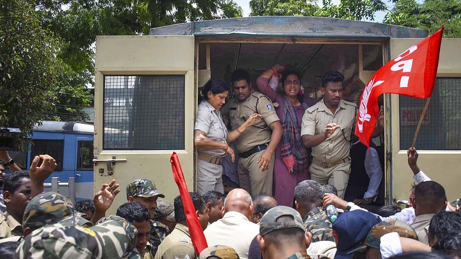 <div class="paragraphs"><p>Agitators being detained during a 'bandh' called by several opposition parties in protest over the death of a college student in Odisha.&nbsp;</p></div>