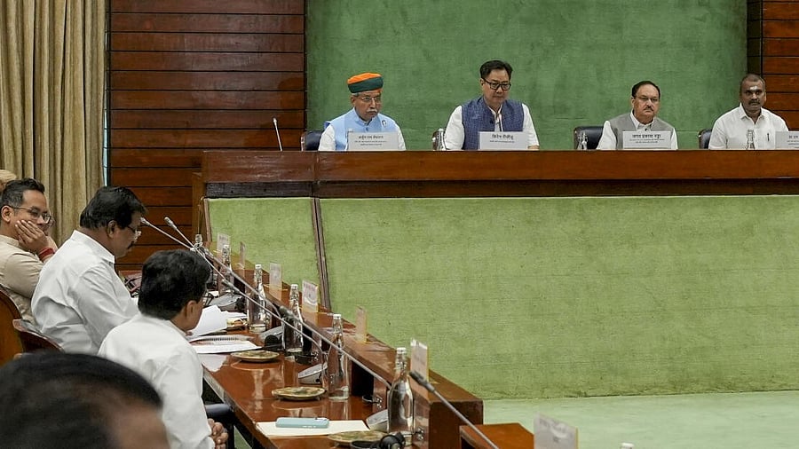 <div class="paragraphs"><p>Union Ministers J.P. Nadda and Kiren Rijiju and Ministers of State Arjun Ram Meghwal and L. Murugan during the all-party meeting ahead of the Monsoon session of Parliament, in New Delhi, Sunday.&nbsp;</p></div>