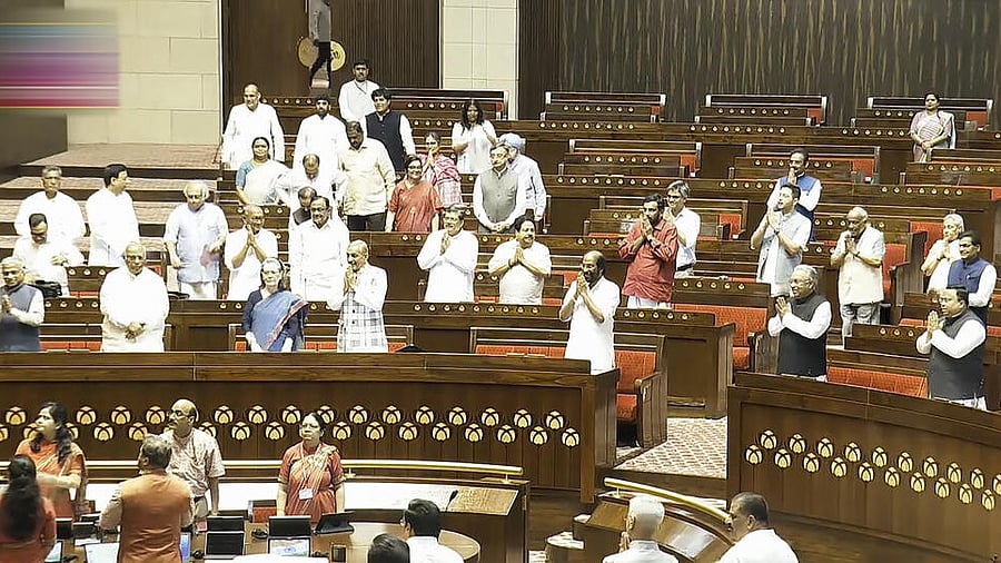<div class="paragraphs"><p>Rajya Sabha members greet Chairman Jagdeep Dhankhar, unseen, during the first day of the Monsoon session of Parliament.</p></div>