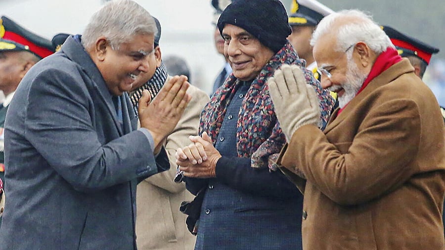 <div class="paragraphs"><p>In this Sunday, Jan. 29, 2023 file photo, Vice President Jagdeep Dhankar with Prime Minister Narendra Modi and Union Defence Minister Rajnath Singh during the Beating Retreat ceremony, in New Delhi. Dhankhar on Monday, July 21, 2025, sent his resignation to President Droupadi Murmu and said he was stepping down with immediate effect, citing medical reasons.</p></div>