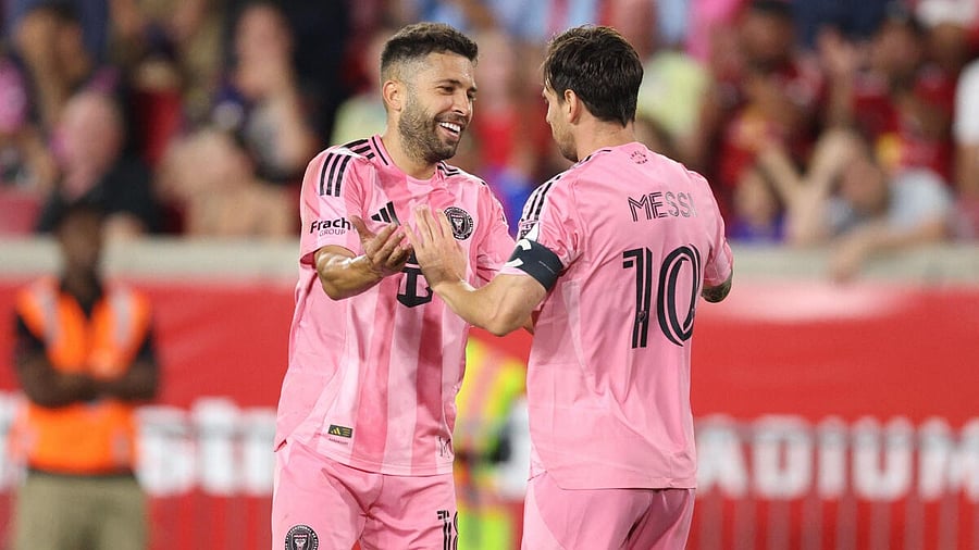 <div class="paragraphs"><p>Inter Miami CF forward Lionel Messi (10) celebrates with defender Jordi Alba (18) after goal during the second half against the New York Red Bulls at Sports Illustrated Stadium.</p></div>