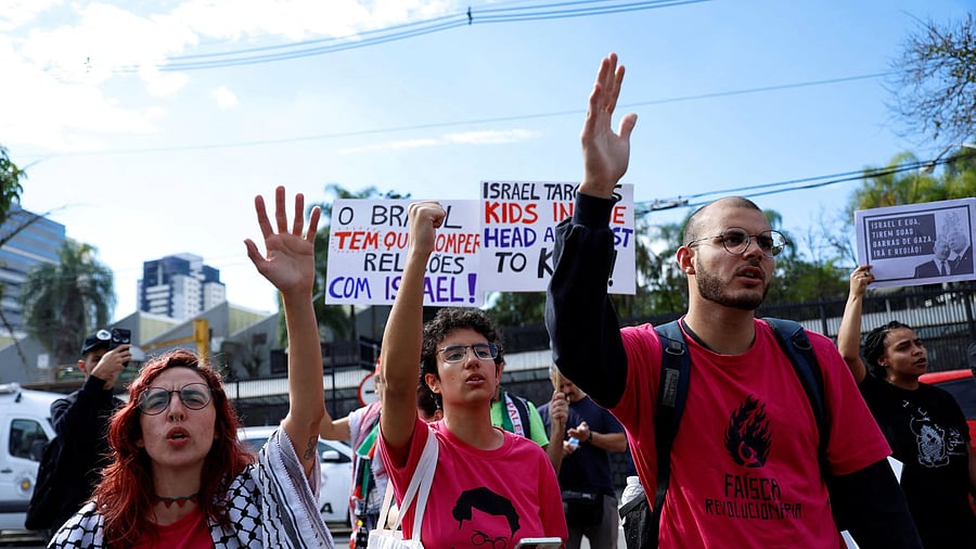 <div class="paragraphs"><p>People yell slogans during a pro-Palestinian demonstration demanding an immediate ceasefire in Gaza.</p></div>