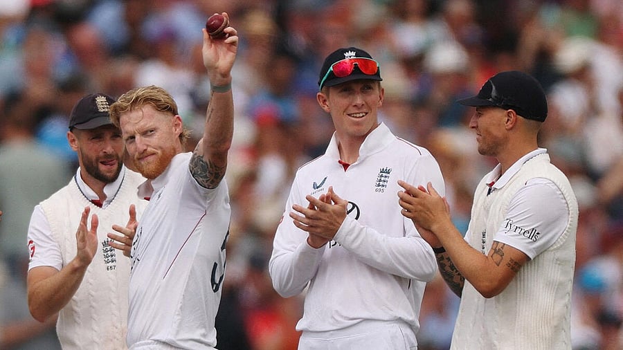 <div class="paragraphs"><p>England's Ben Stoke celebrates a five-wicket haul after taking the wicket of India's Anshul Kamboj.</p></div>
