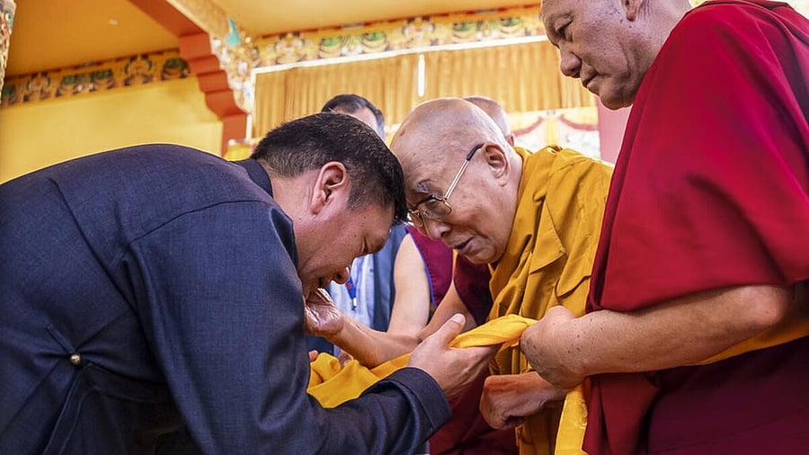 <div class="paragraphs"><p>Arunachal Pradesh Chief Minister Pema Khandu seeks blessings of Tibetan spiritual leader Dalai Lama during an audience, at Karsha Photang, in Zanskar, Ladakh.</p></div>