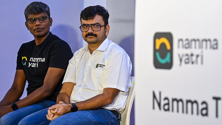 <div class="paragraphs"><p>Founders of Namma Yatri Shan MS (L) and Magizhan Selvan during the launch of 'Namma Transit' at the company's head office in Bengaluru on Friday.</p></div>