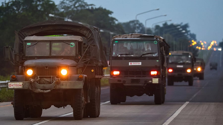 <div class="paragraphs"><p>Army vehicles drive along a road in Buriram province, after Thailand scrambled an F-16 fighter jet to bomb targets in Cambodia following artillery volleys from both sides that killed civilians, Thailand, July 25, 2025. </p></div>
