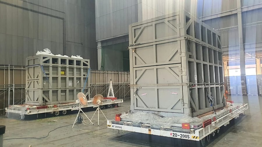 <div class="paragraphs"><p>The elephants were sent in iron cages on a cargo plane. </p></div>