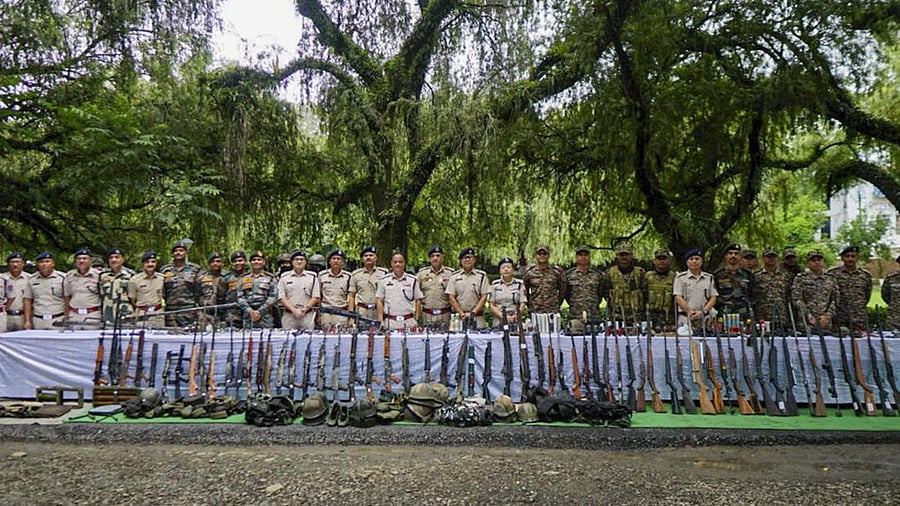 <div class="paragraphs"><p>Manipur Police on July 26, 2025, Manipur Police and security personnel with the arms and ammunition recovered during several operations conducted in various districts of the valley in Manipur.</p></div>