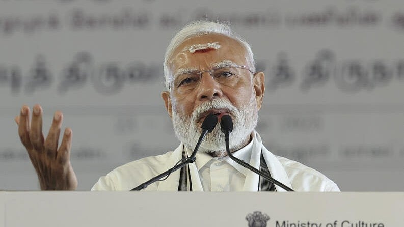 <div class="paragraphs"><p>Prime Minister Narendra Modi addresses a gathering during Aadi Thiruvathirai festival, in Tamil Nadu.</p></div>