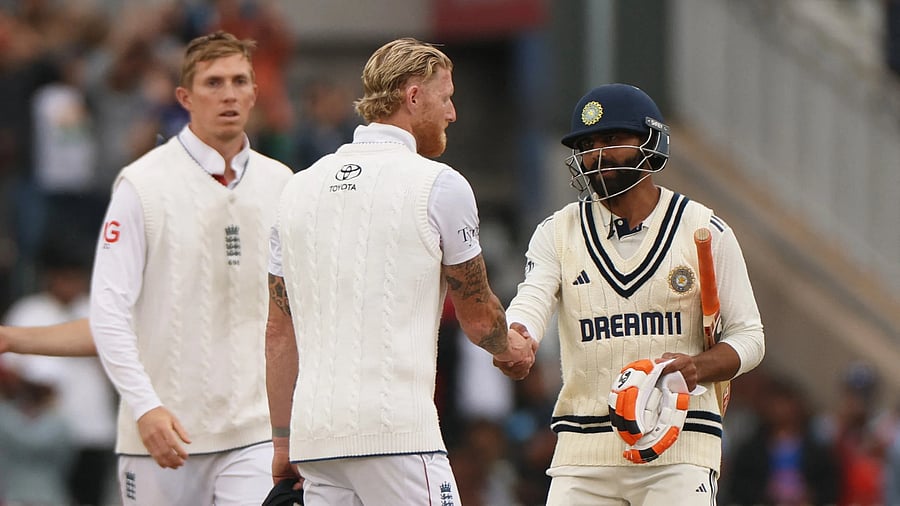 <div class="paragraphs"><p>Ben Stokes shakes hands with Ravindra Jadeja after the match is drawn </p></div>
