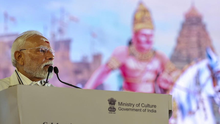 <div class="paragraphs"><p>Prime Minister Narendra Modi addresses a gathering during Aadi Thiruvathirai festival.</p></div>