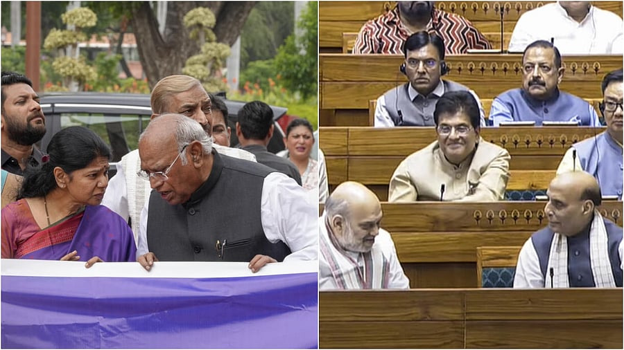 <div class="paragraphs"><p>Congress President and LoP in the Rajya Sabha Mallikarjun Kharge and DMK MP Kanimozhi Karunanidhi (L), Defence Minister Rajnath Singh interacts with Union Home Minister Amit Shah in the Lok Sabha</p></div>