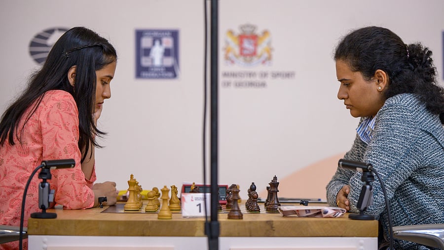 <div class="paragraphs"><p>Divya Deshmukh (left) and Koneru Humpy during the tie-break of the Chess Women’s World Cup final in Batumi, Georgia, on Monday. </p></div>