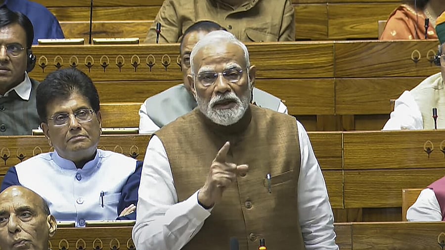 <div class="paragraphs"><p>Prime Minister Narendra Modi speaks during a debate in the Lok Sabha on the Pahalgam terror attack and Operation Sindoor, at the Monsoon session of Parliament, in New Delhi, Tuesday, July 29, 2025.</p></div>