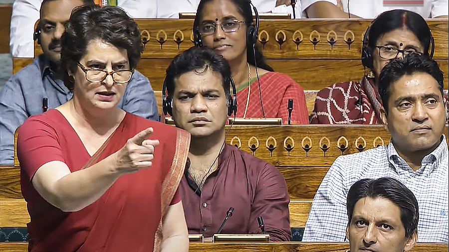 <div class="paragraphs"><p> Congress MP Priyanka Gandhi Vadra speaks during a debate in the Lok Sabha on the Pahalgam terror attack and Operation Sindoor, at the Monsoon session of Parliament, in New Delhi, Tuesday, July 29, 2025.</p></div>