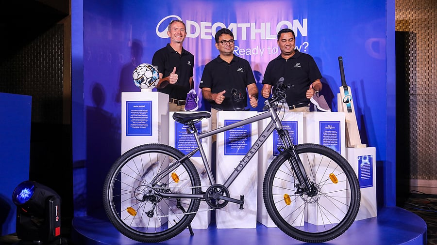 <div class="paragraphs"><p>Decathlon's Head of Production Frederic Merlevede, Head of India Production Deepak D'Souza and Sports India CEO Sankar Chatterjee, in New Delhi, on Tuesday. </p></div>