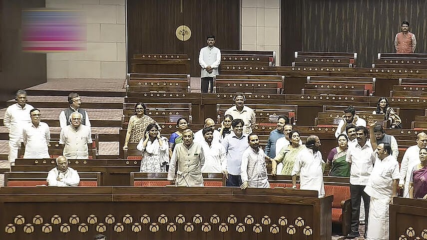 <div class="paragraphs"><p>Opposition MPs react as Union Home Minister Amit Shah begins his speech during a debate in the Rajya Sabha on the Pahalgam terror attack and Operation Sindoor, at the Monsoon session of Parliament, in New Delhi, Wednesday, July 30, 2025.</p></div>