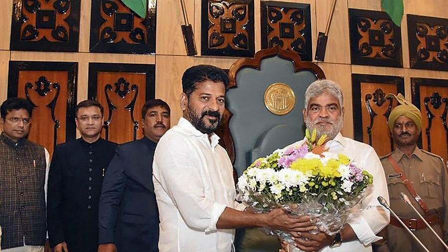 <div class="paragraphs"><p>Telangana Chief Minister A Revanth Reddy greets Gaddam Prasad Kumar after he was elected as the Speaker of the Legislative Assembly, in Hyderabad, Thursday, Dec. 14, 2023.</p></div>